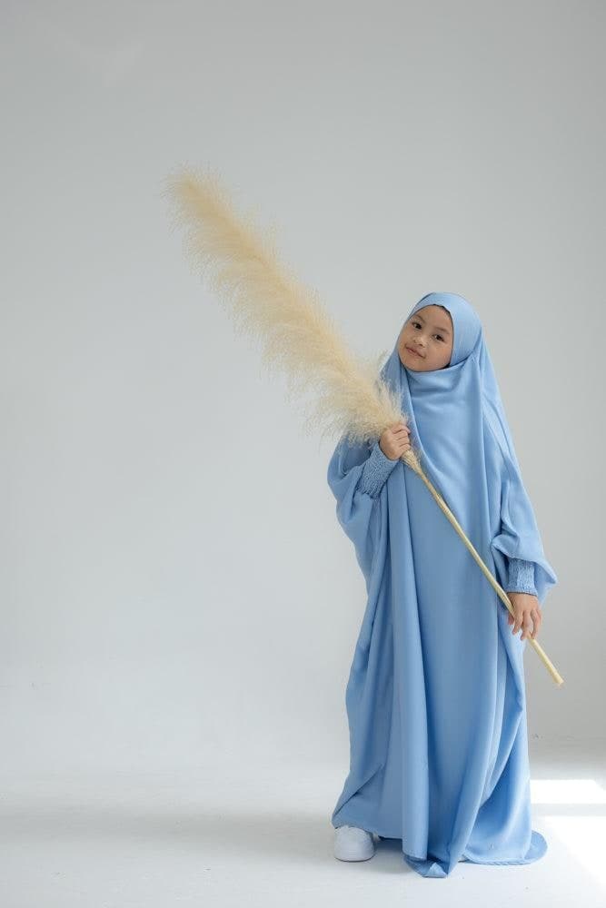 Little Gretaah Prayer Gown for Kids in Khimar Style with Ribbed Sleeve Cuff InSky Blue in sky blue, view 3