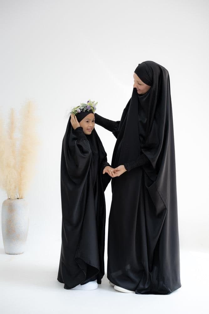 Gretaah Prayer Gown in Khimar Style with Ribbed Sleeve and Lace Cuff in Black, view 6