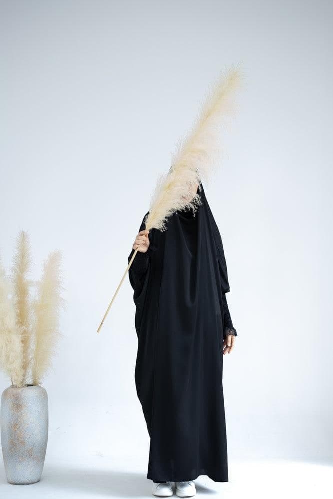 Gretaah Prayer Gown in Khimar Style with Ribbed Sleeve and Lace Cuff in Black, view 11