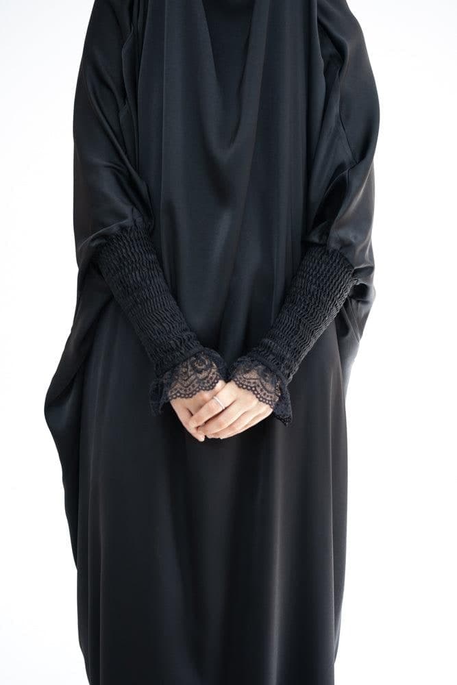 Gretaah Prayer Gown in Khimar Style with Ribbed Sleeve and Lace Cuff in Black, view 3