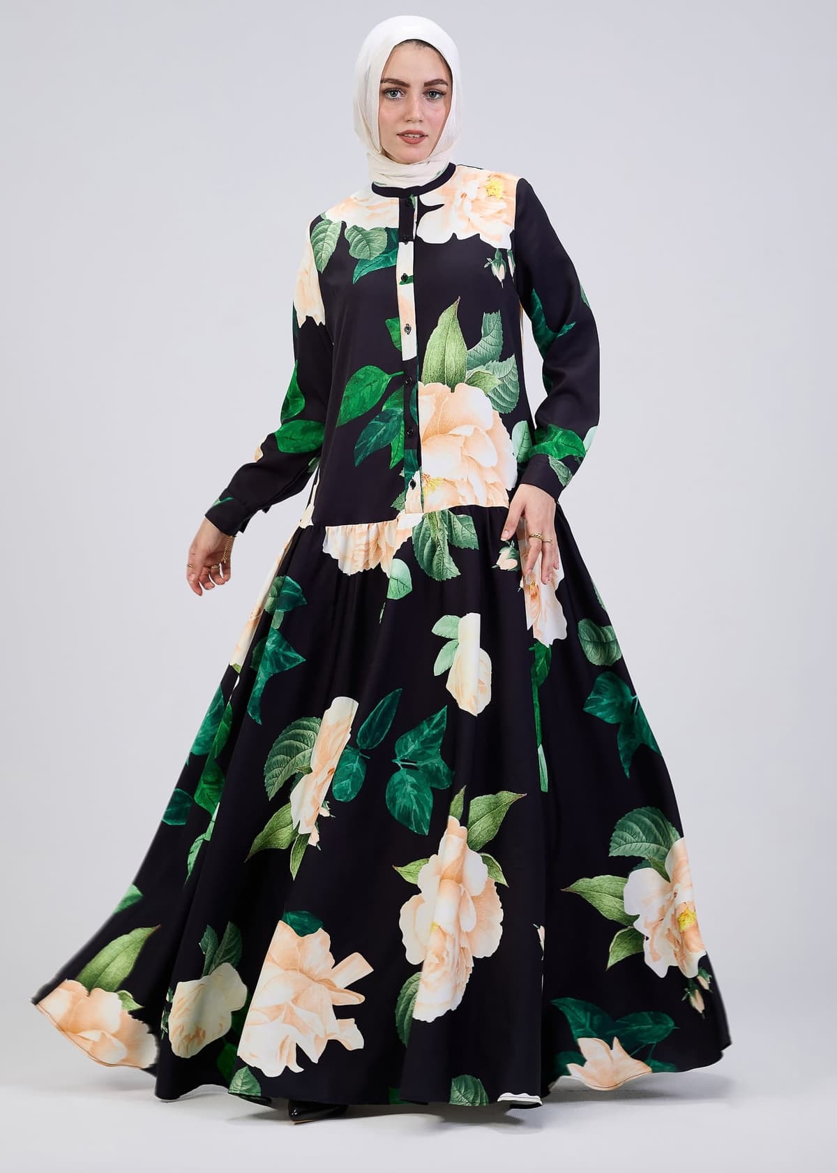 Full body view of floral print button-front maxi dress
