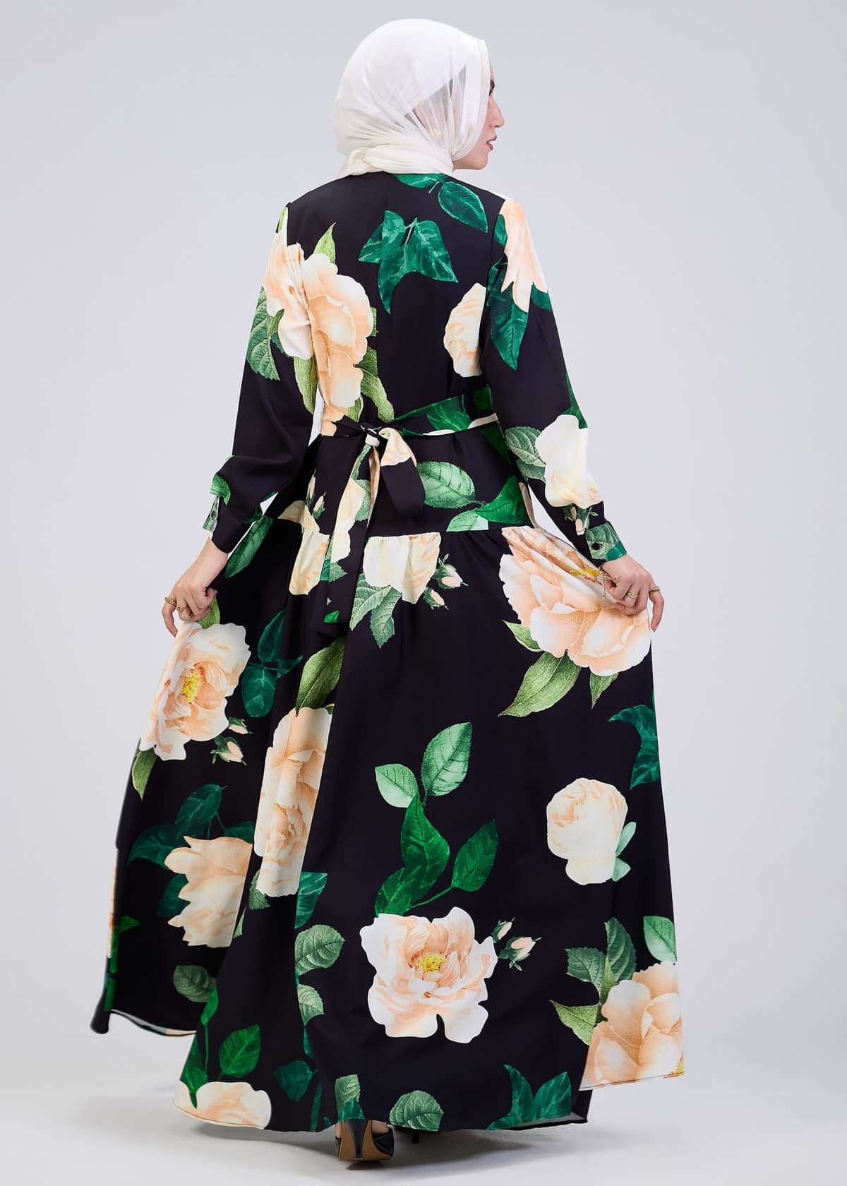 Back view of floral print button-front maxi dress