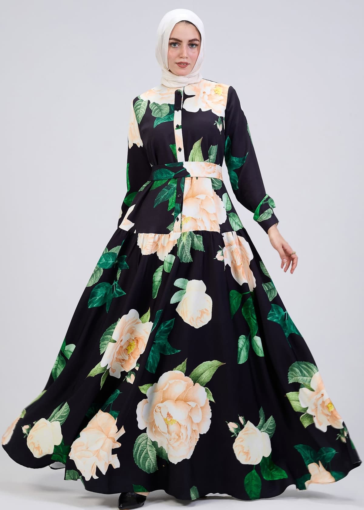 Front view of floral print button-front maxi dress