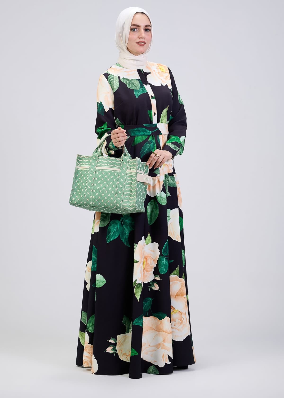 Back view of floral print button-front maxi dress