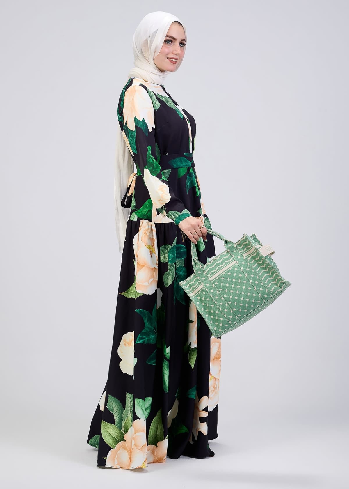 Front view of floral print button-front maxi dress
