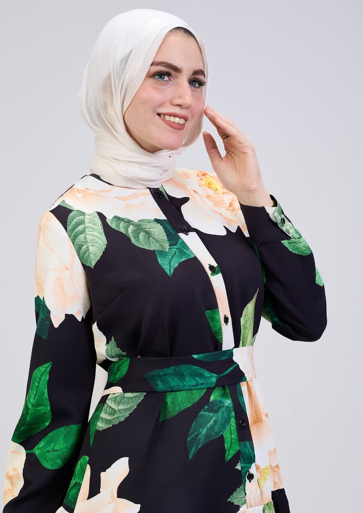 Full body view of floral print button-front maxi dress