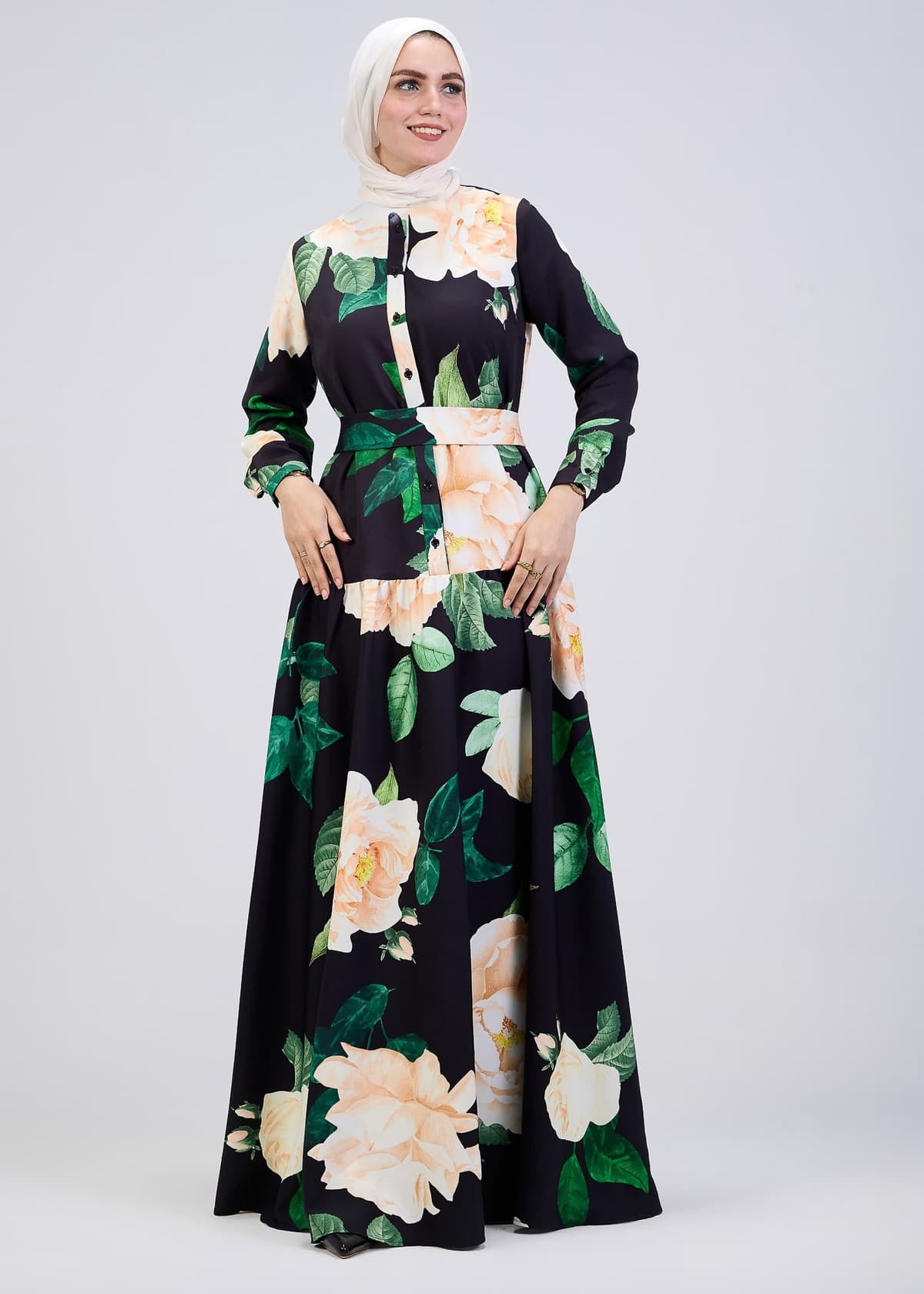 Side view of floral print button-front maxi dress