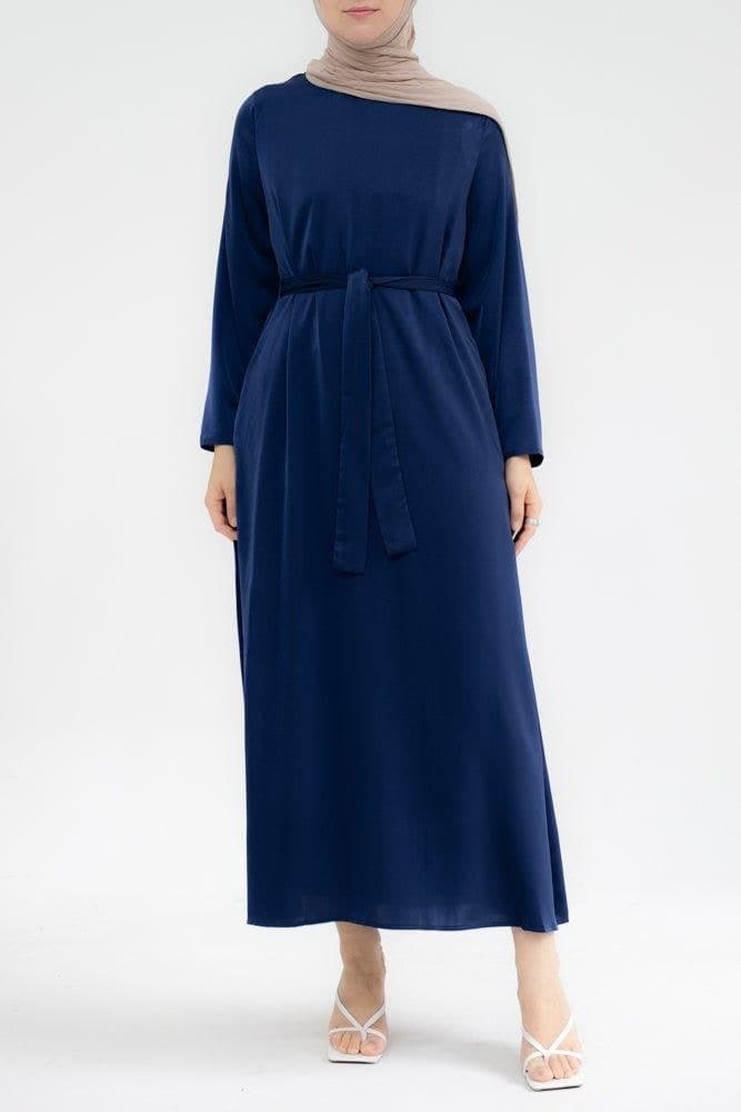 Yasmin Slip Dress Maxi Length with a Detachable Belt and Kimono Sleeves in Navy, view 3