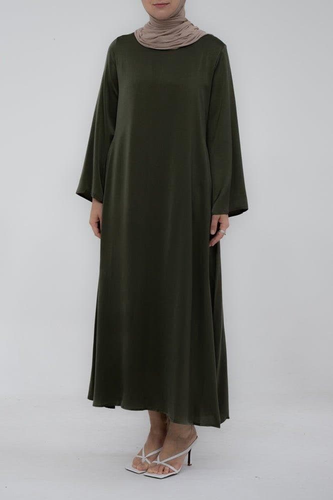 Yasmin Slip Dress Maxi Length with a Detachable Belt and Kimono Sleeves in army green, view 3