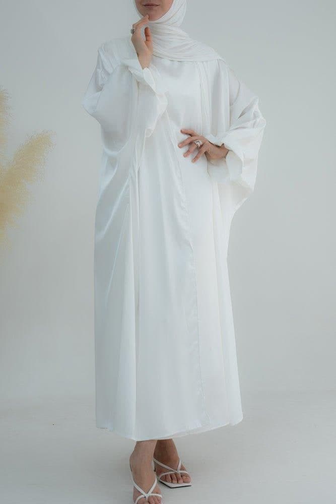 White Loves open front maxi satin abaya throw over