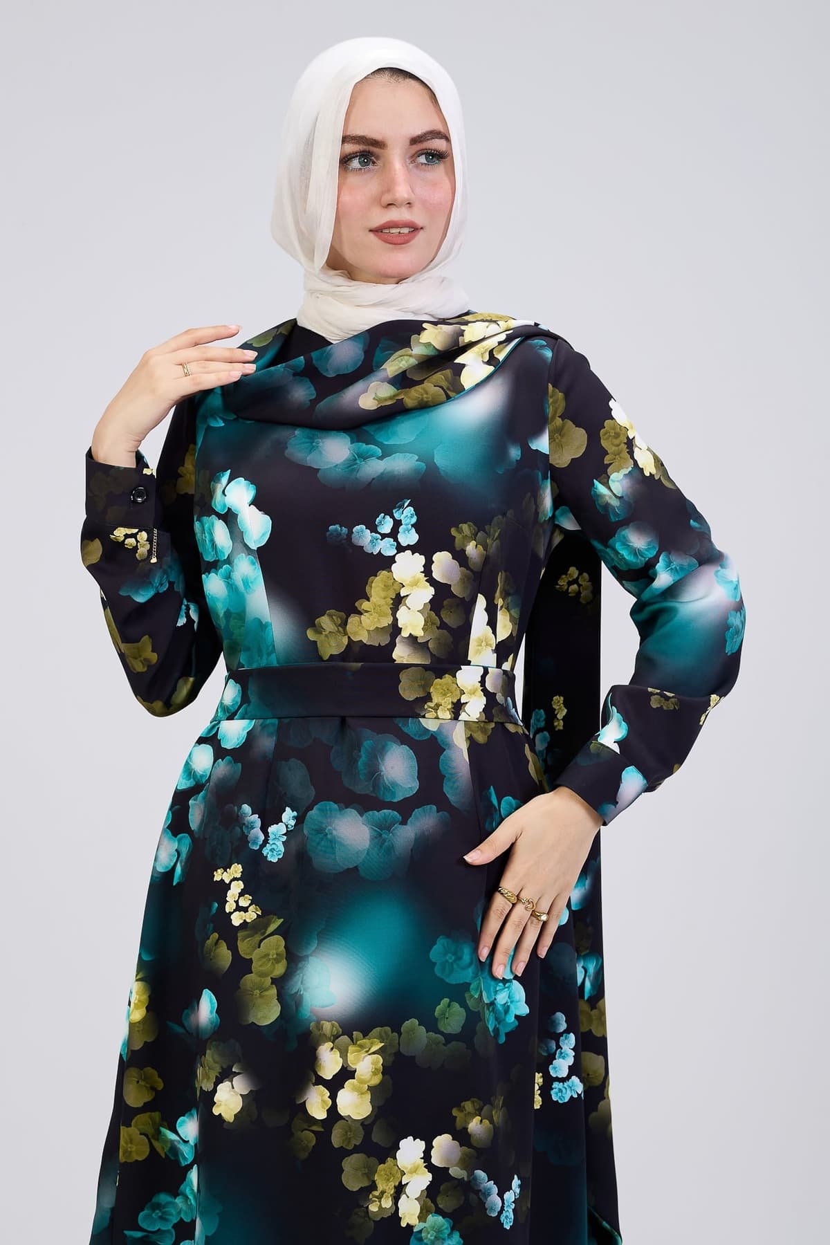Belted waist detail of Vibrant Floral Maxi Dress