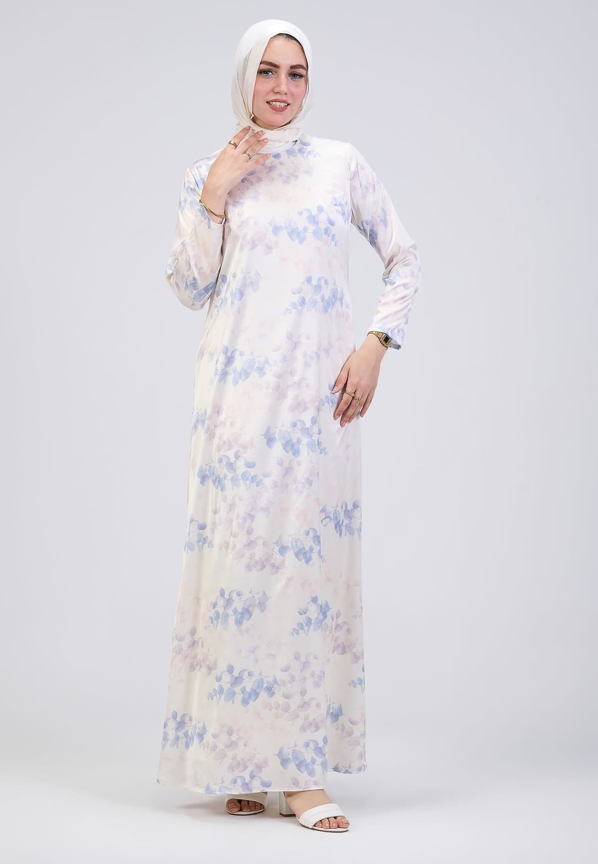 Close-up of satin floral maxi dress details