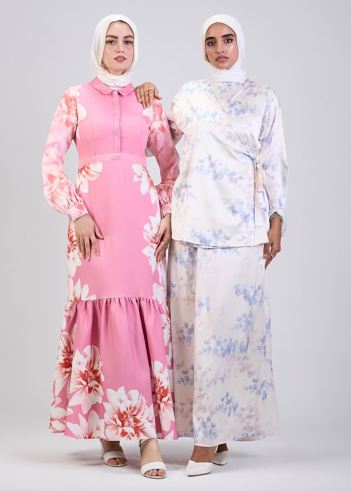 Modest floral satin maxi dress with elegant design