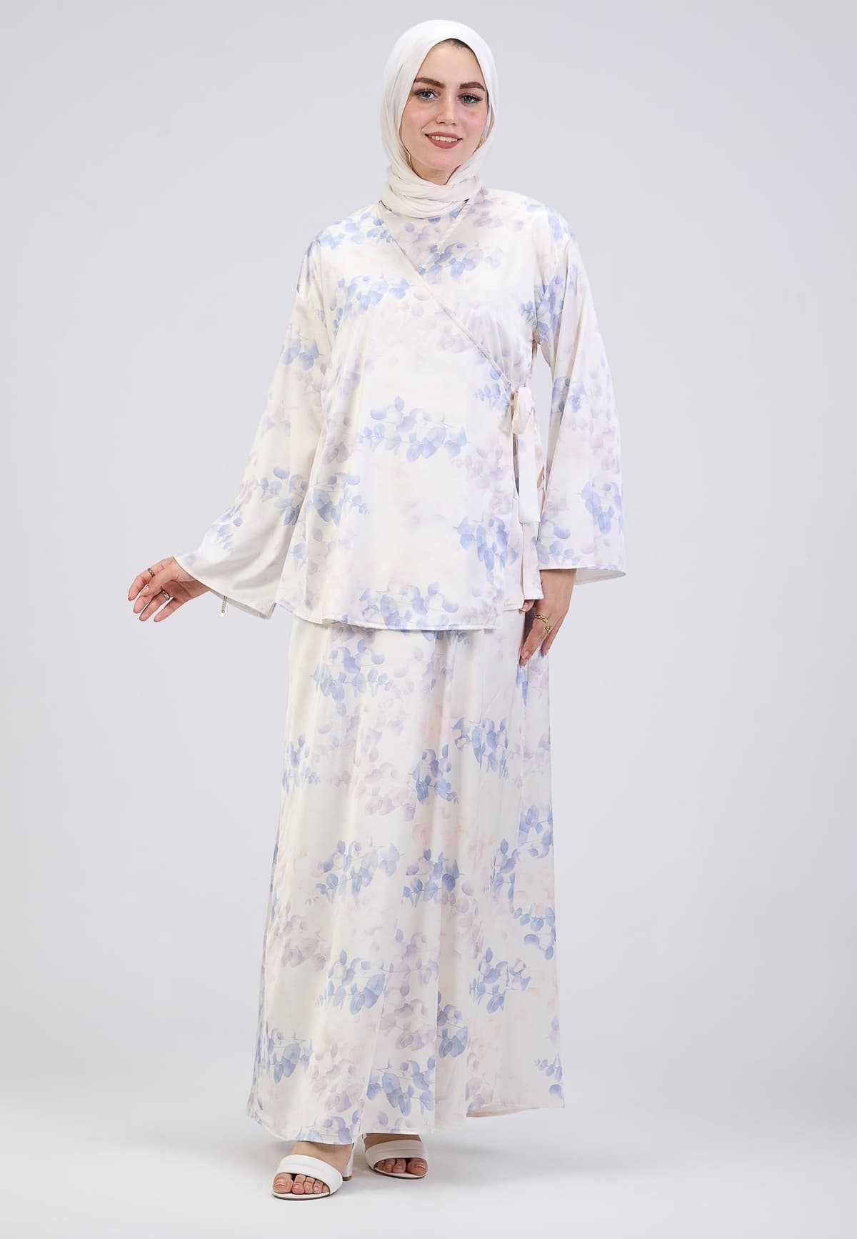 Front view of satin wrap maxi dress with floral print