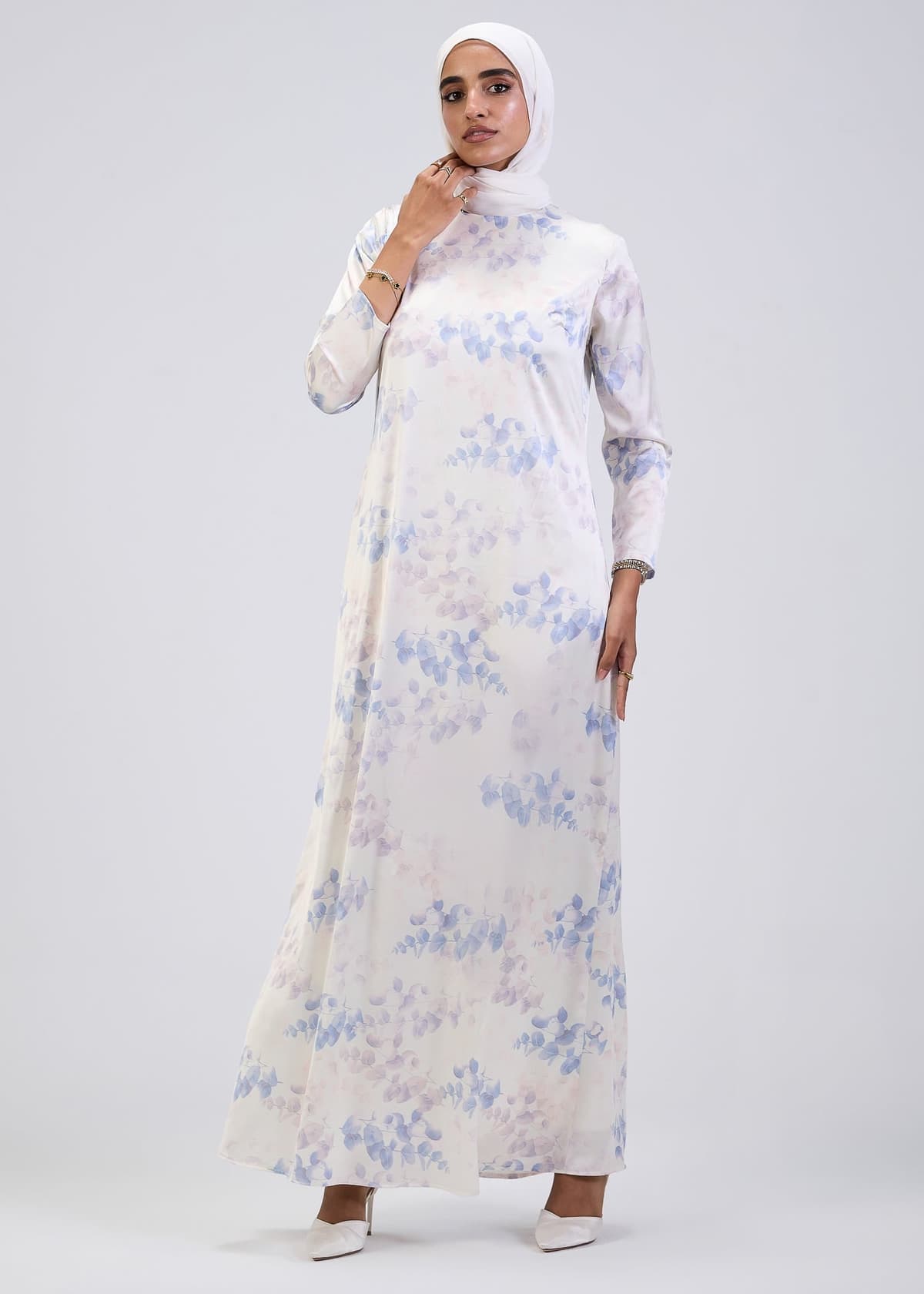 Full-length satin floral maxi dress with bell sleeves