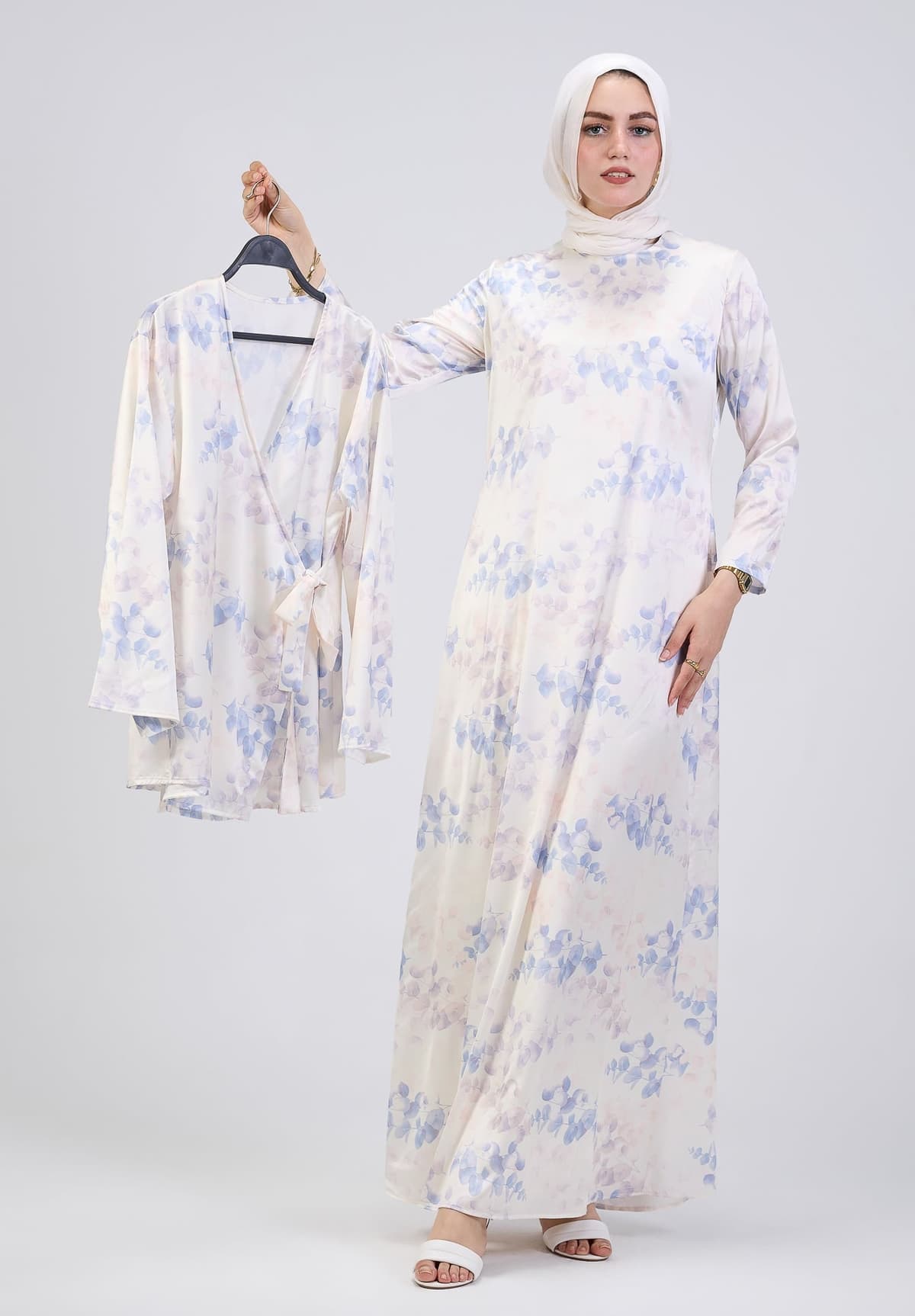 Close-up of floral print on satin dress