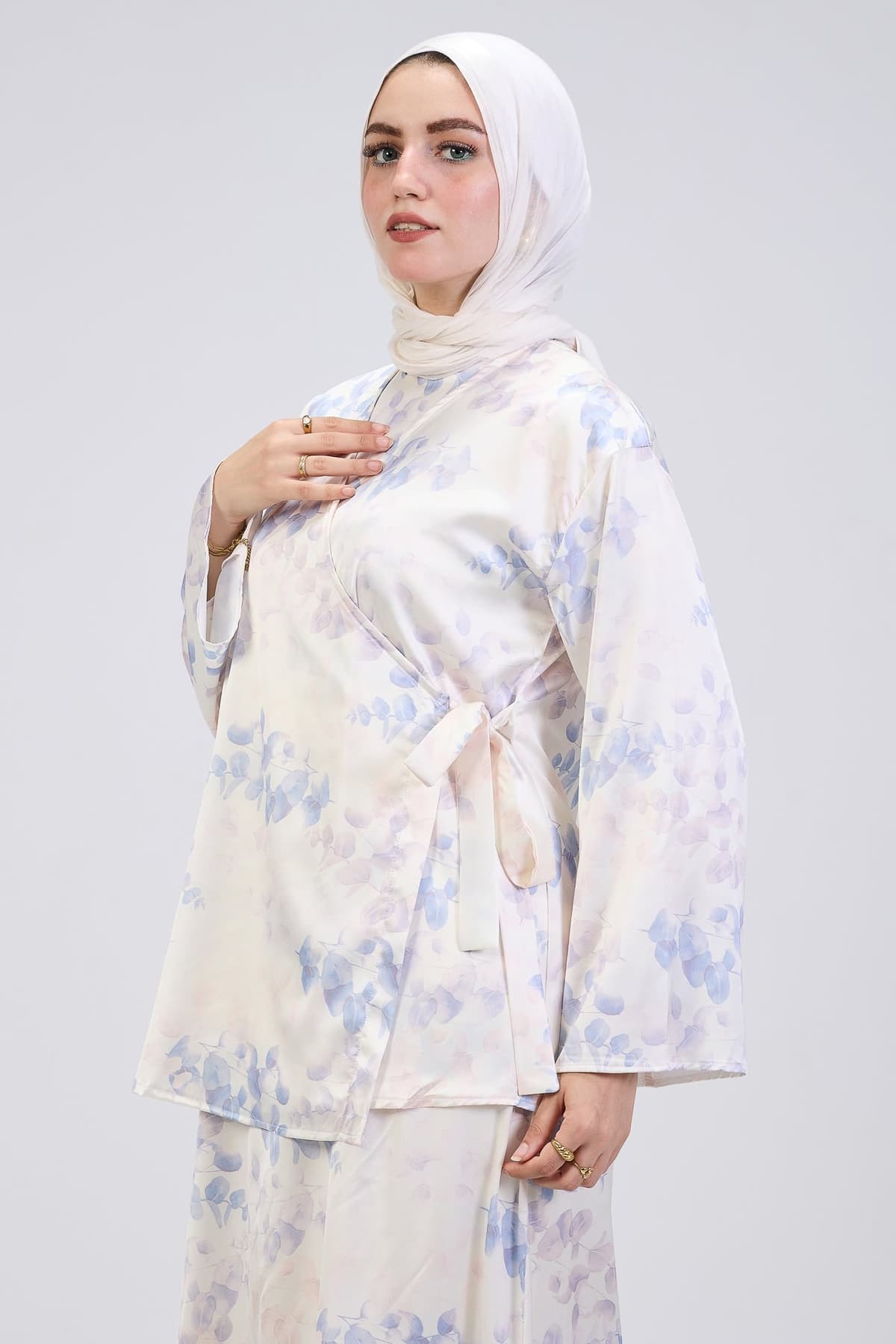 Satin wrap dress with floral print and bell sleeves