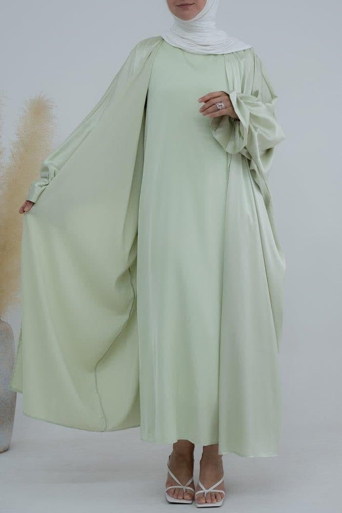 Light Green Loves Open Front Maxi Satin Abaya Throw Over, view 3