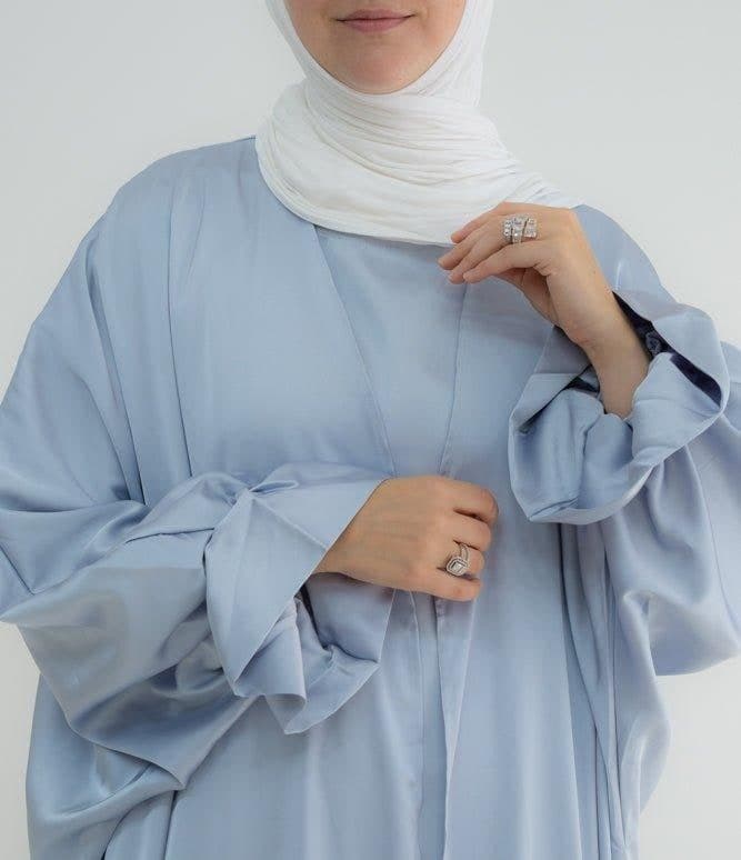Gray Loves Open Front Maxi Satin Abaya Throw Over in grey, view 3