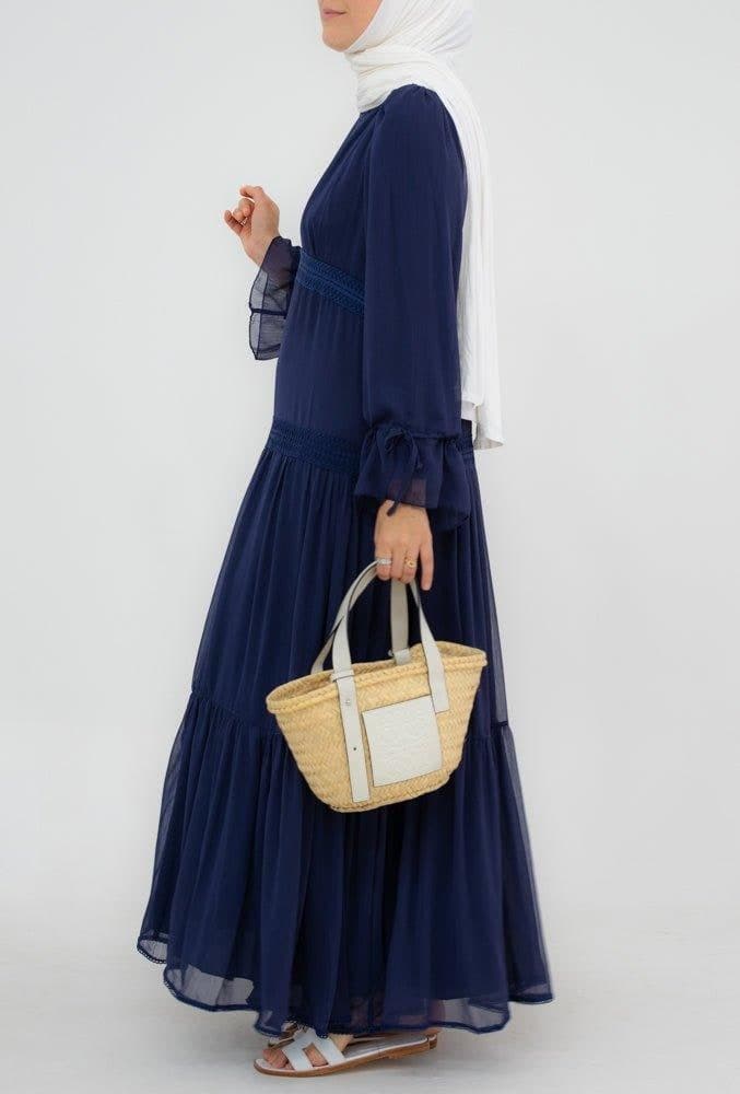 Navy Vivvie Chiffon Lined Flared Dress with Long Sleeve and Lace Detailing, view 3