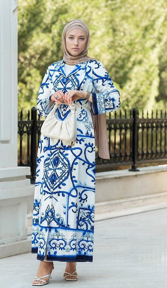 Dolce Satin Maxi Cami Dress in Tile Print with Matching Belt and Kimono Sleeves in blue, view 8