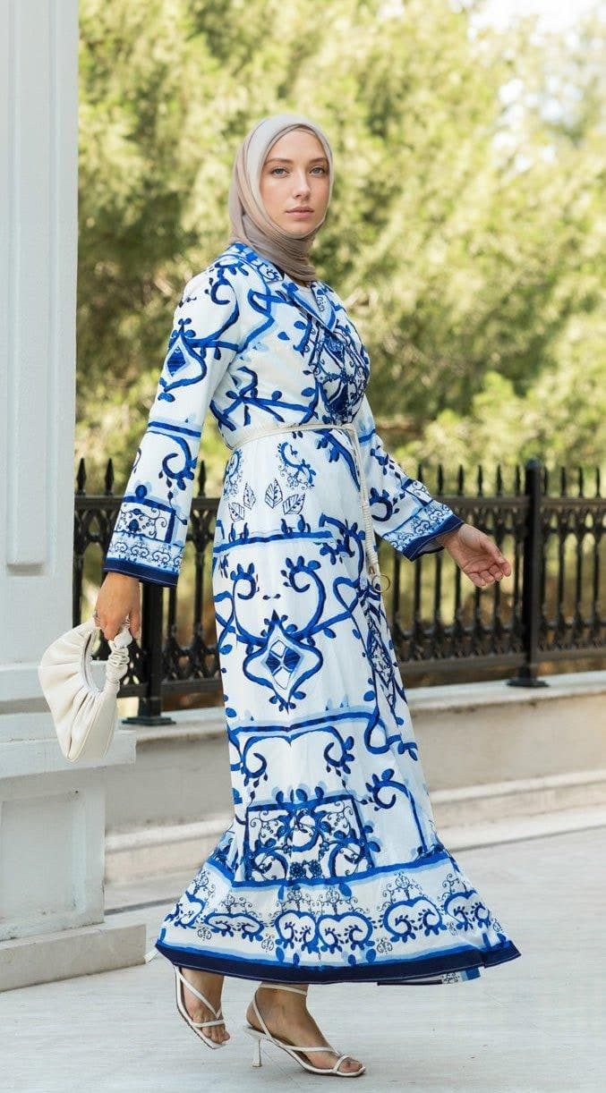 Dolce Satin Maxi Cami Dress in Tile Print with Matching Belt and Kimono Sleeves in blue, view 7