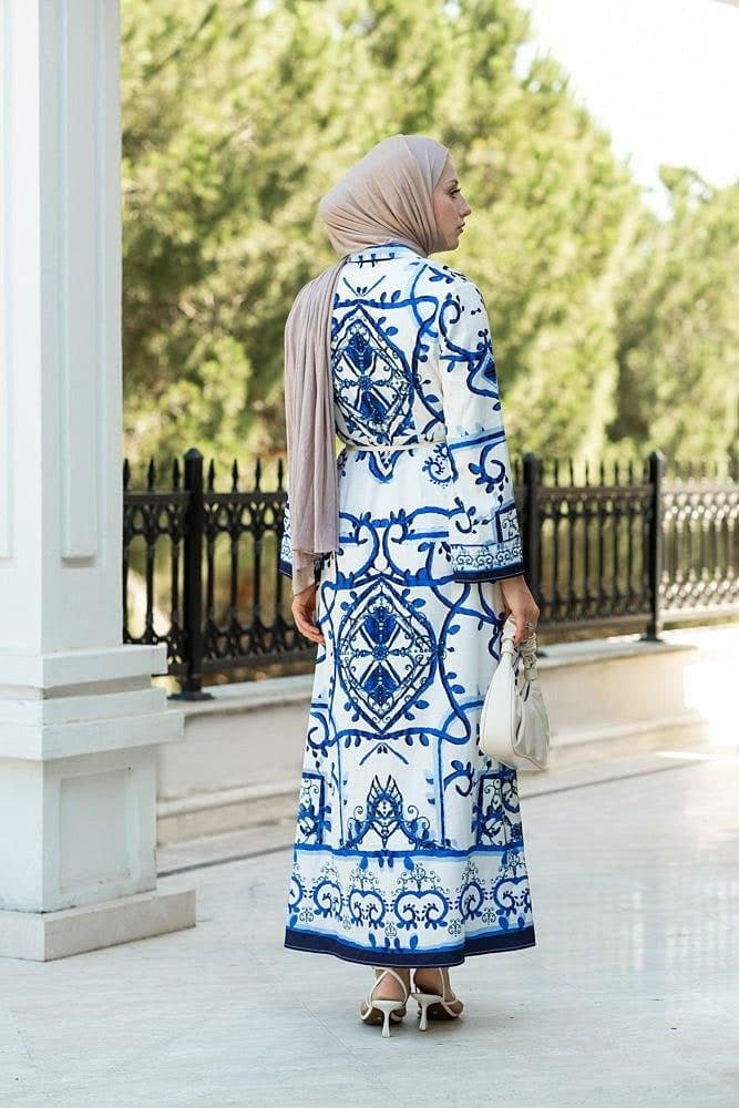Dolce Satin Maxi Cami Dress in Tile Print with Matching Belt and Kimono Sleeves in blue, view 5