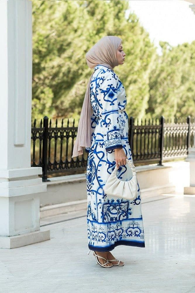 Dolce Satin Maxi Cami Dress in Tile Print with Matching Belt and Kimono Sleeves in blue, view 3