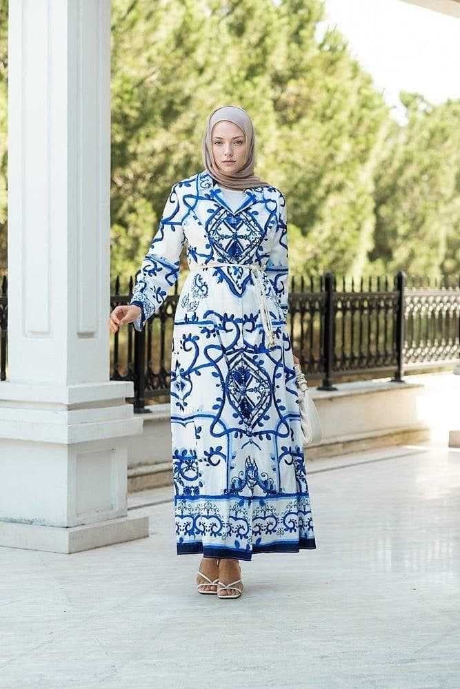 Dolce Satin Maxi Cami Dress in Tile Print with Matching Belt and Kimono Sleeves in blue, view 9