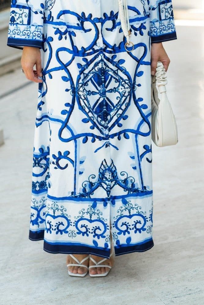 Dolce Satin Maxi Cami Dress in Tile Print with Matching Belt and Kimono Sleeves in blue, view 11