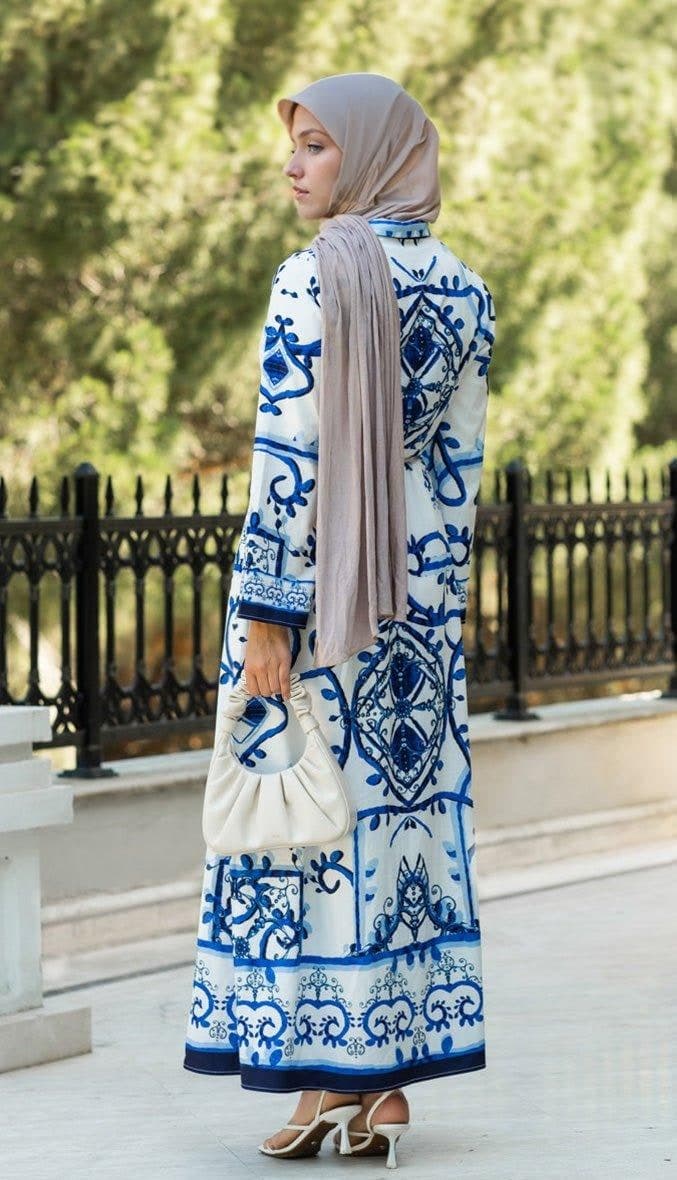 Dolce Satin Maxi Cami Dress in Tile Print with Matching Belt and Kimono Sleeves in blue, view 6