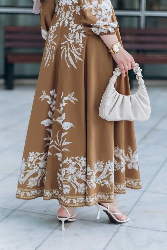 Close-up of the floral pattern on the Sadia Maxi Wrap Dress
