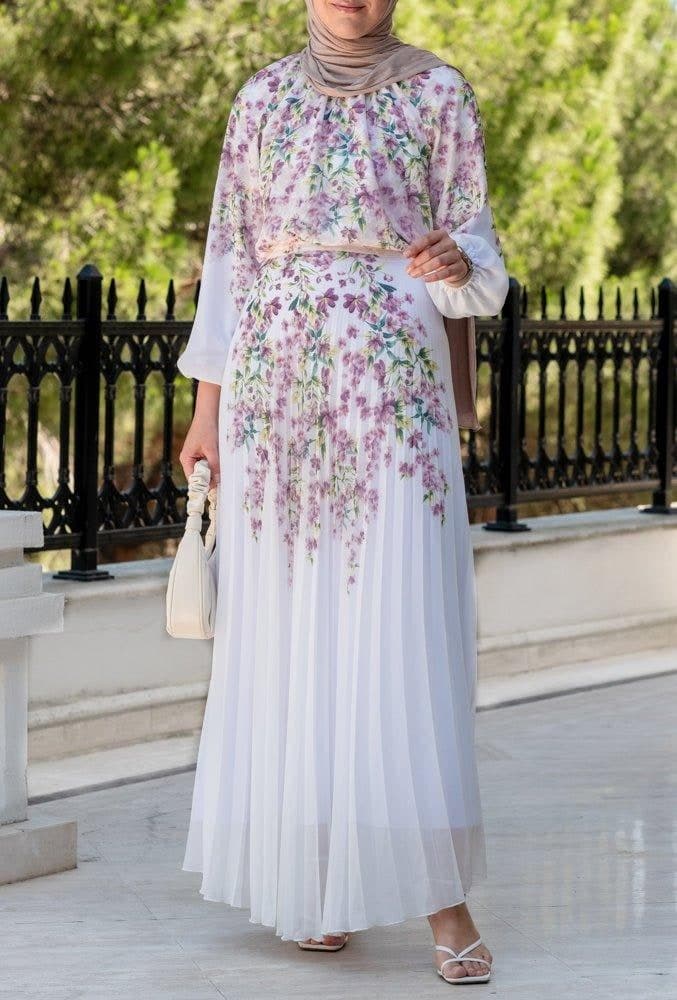Lipsyy Exclusive Long Sleeve Not Sheer Lined Top with Maxi Skirt in Pleat in Pink Floral Print in white, view 10