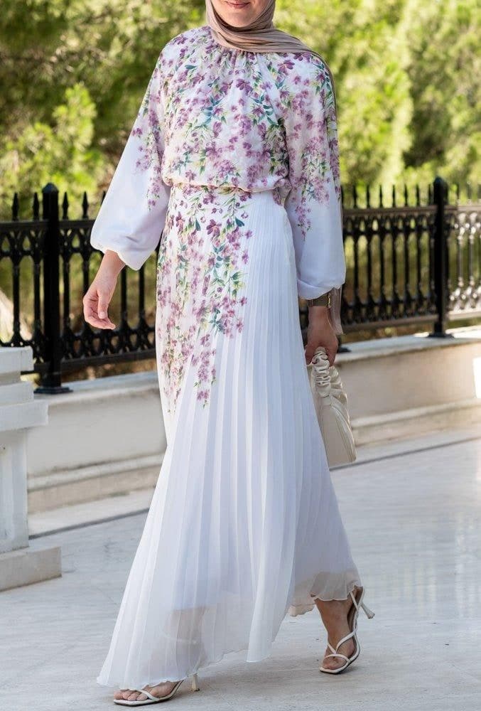 Lipsyy Exclusive Long Sleeve Not Sheer Lined Top with Maxi Skirt in Pleat in Pink Floral Print in white, view 3