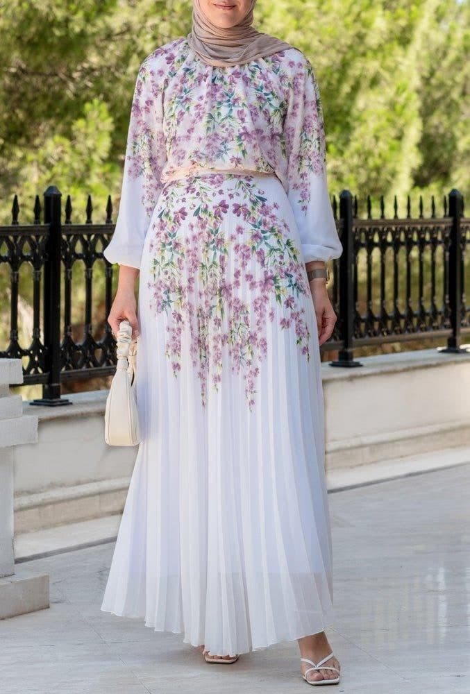 Lipsyy Exclusive Long Sleeve Not Sheer Lined Top with Maxi Skirt in Pleat in Pink Floral Print in white, view 9