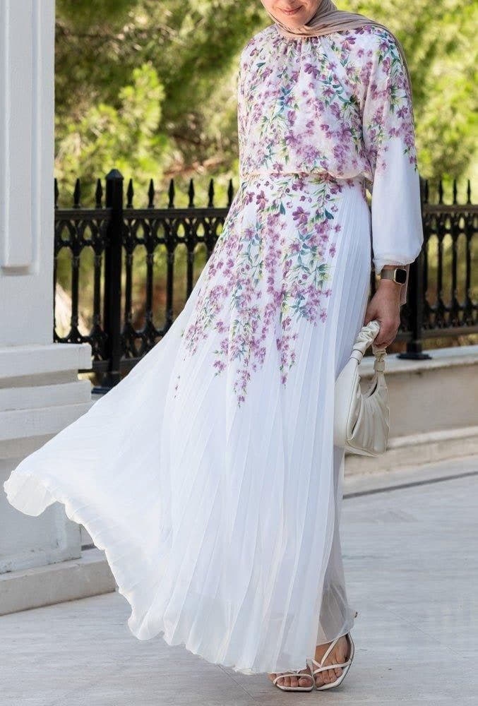 Lipsyy Exclusive Long Sleeve Not Sheer Lined Top with Maxi Skirt in Pleat in Pink Floral Print in white, view 4