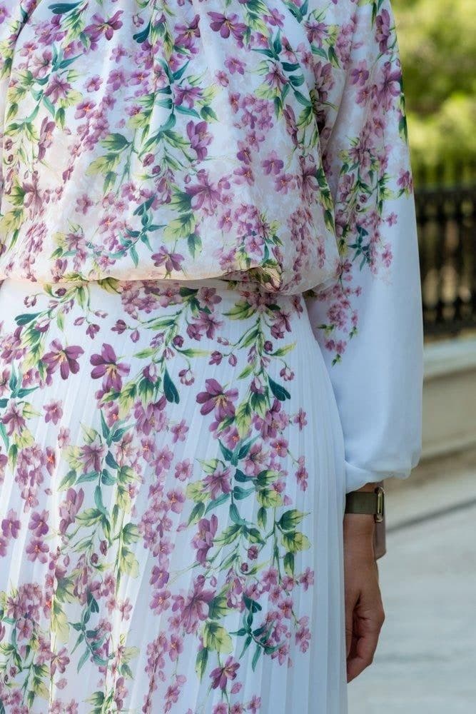 Lipsyy Exclusive Long Sleeve Not Sheer Lined Top with Maxi Skirt in Pleat in Pink Floral Print in white, view 5