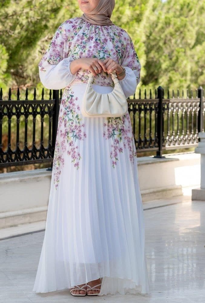 Lipsyy Exclusive Long Sleeve Not Sheer Lined Top with Maxi Skirt in Pleat in Pink Floral Print in white, view 7