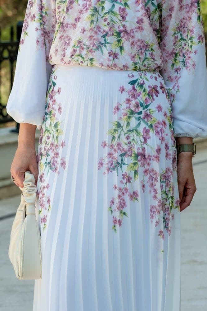 Lipsyy Exclusive Long Sleeve Not Sheer Lined Top with Maxi Skirt in Pleat in Pink Floral Print in white, view 8