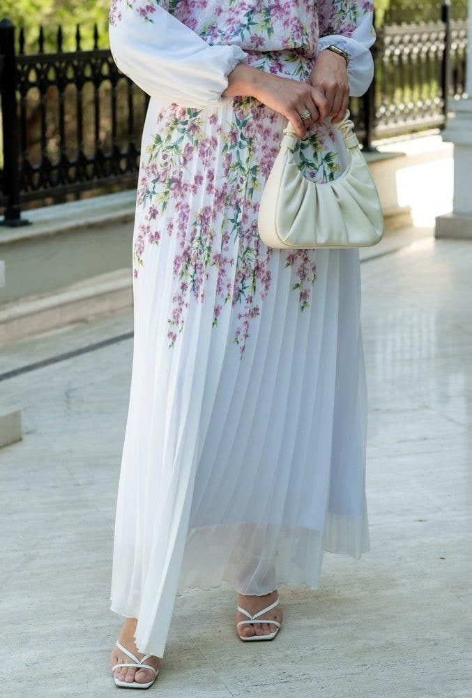 Lipsyy Exclusive Long Sleeve Not Sheer Lined Top with Maxi Skirt in Pleat in Pink Floral Print in white, view 6