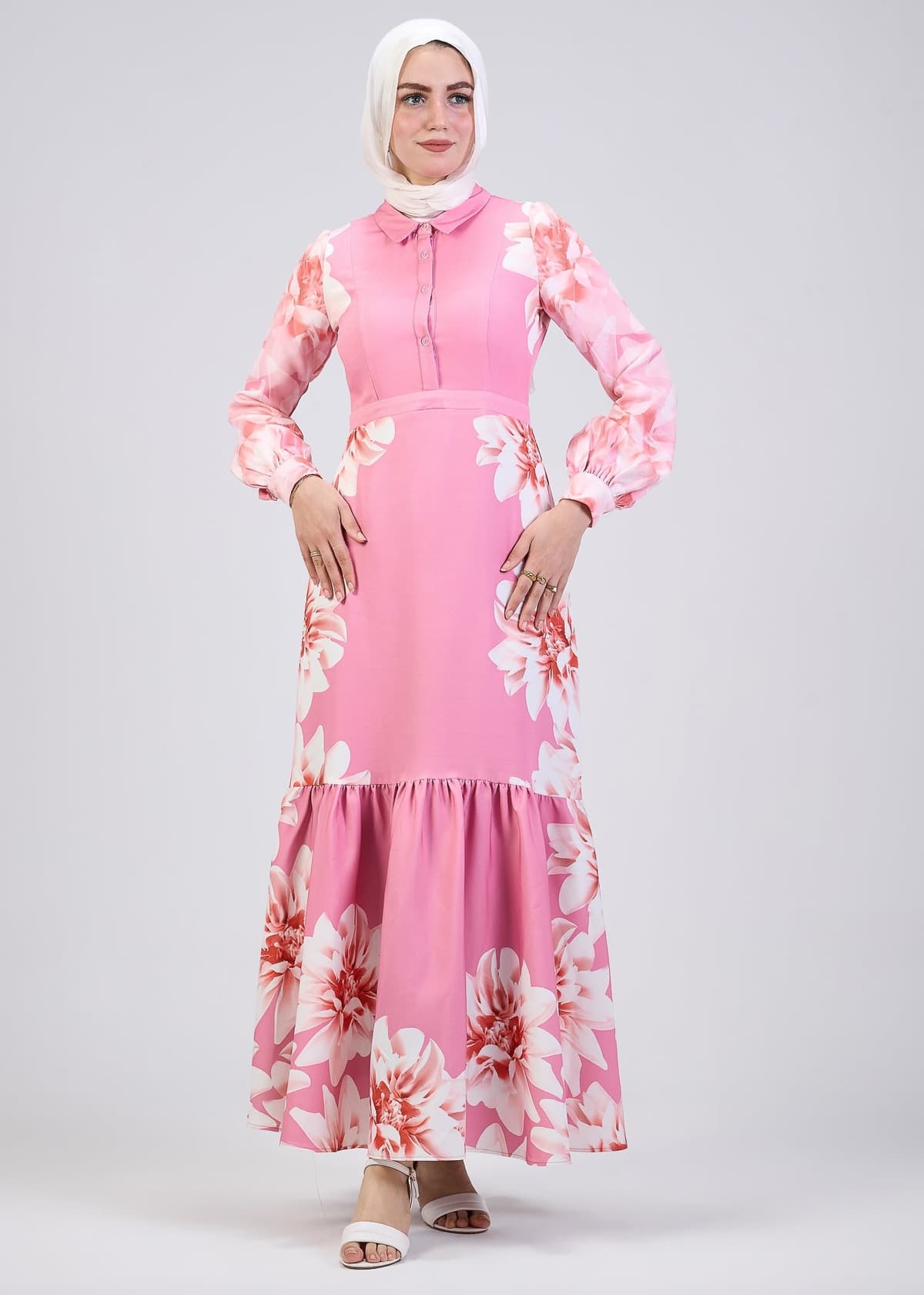 Balloon sleeves of Pink Floral Maxi Dress