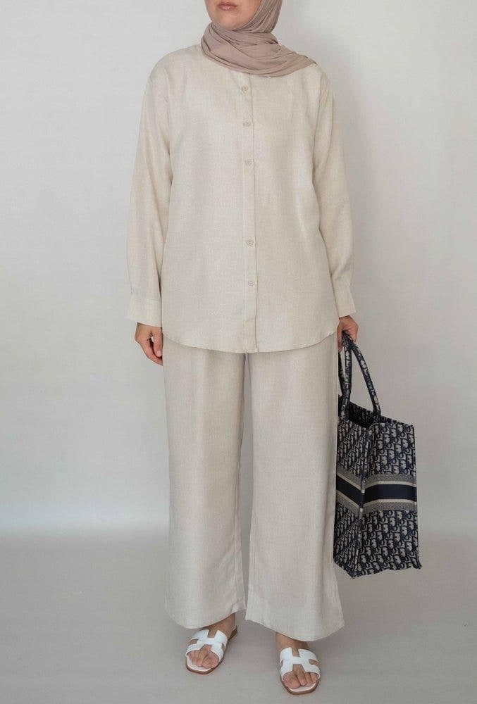 Top Myyia with Maxi Sleeve of Relaxed Fit with Front Button Fastening and Collar in beige, view 6