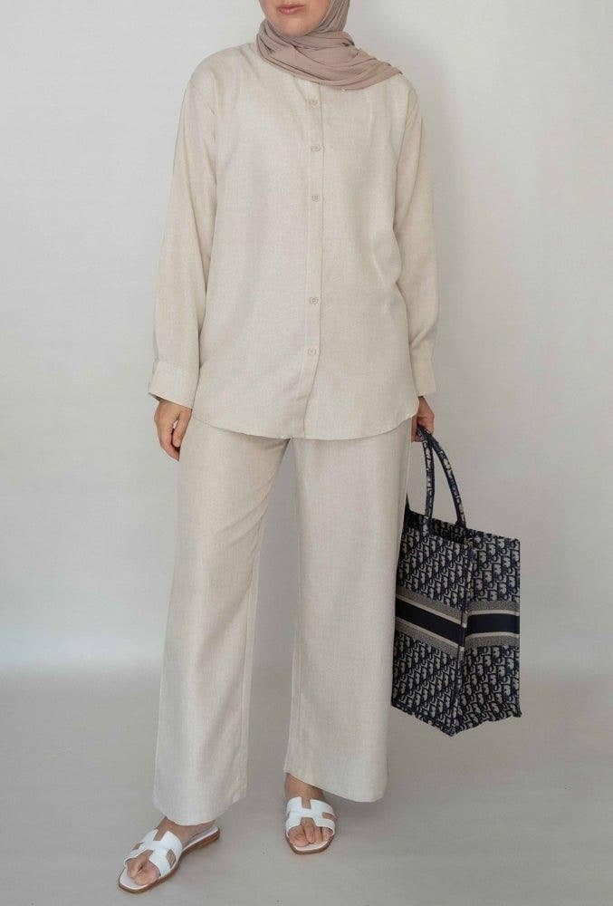 Top Myyia with Maxi Sleeve of Relaxed Fit with Front Button Fastening and Collar in beige, view 5