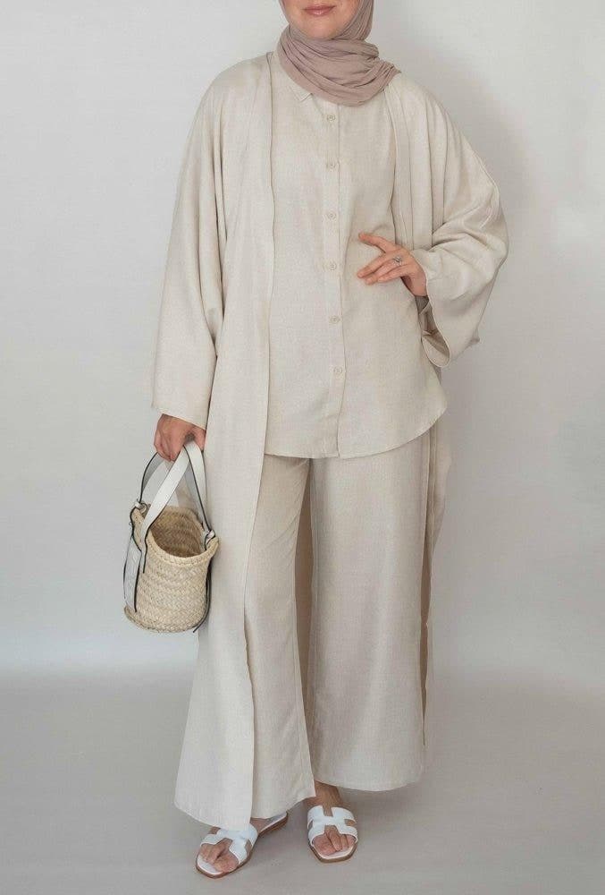 Myyia Linen Throw Over Abaya in Beige, view 7