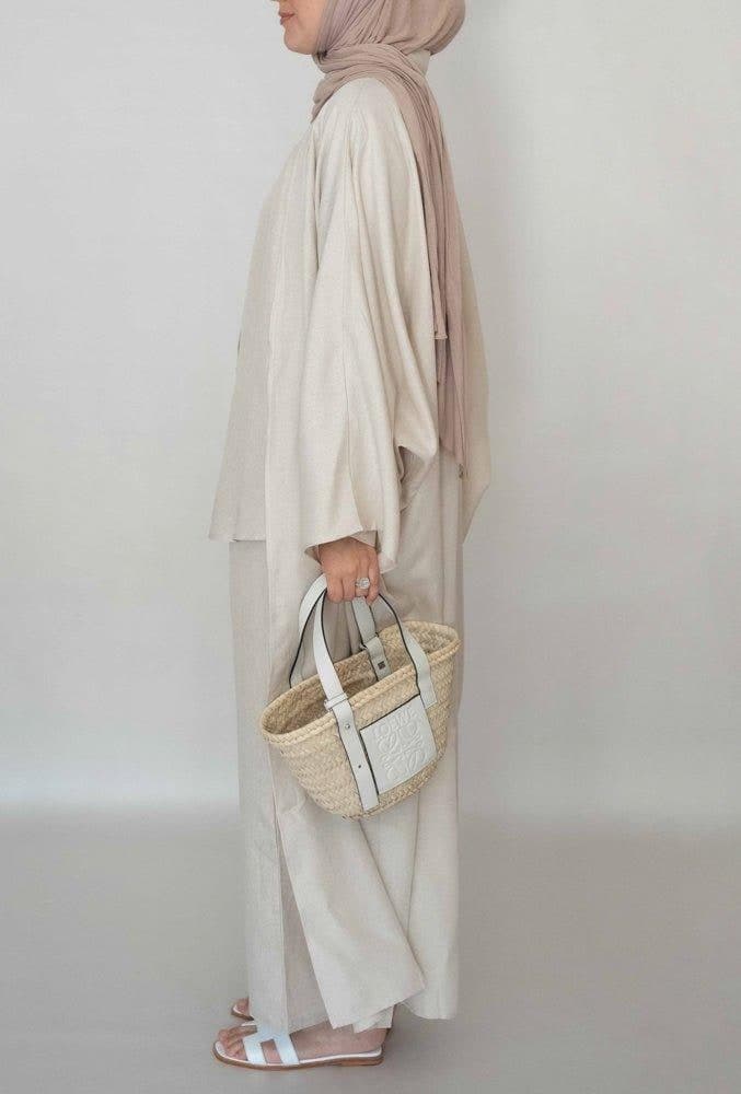 Myyia Linen Throw Over Abaya in Beige, view 8