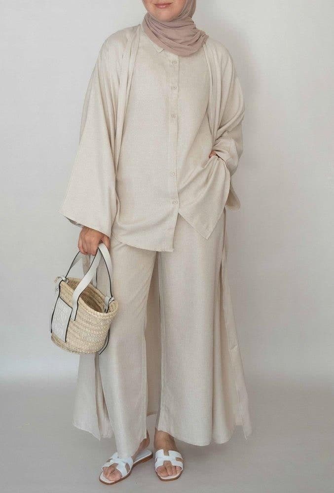 Myyia Linen Throw Over Abaya in Beige, view 6