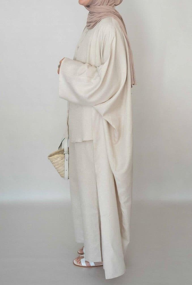 Myyia Linen Throw Over Abaya in Beige, view 3