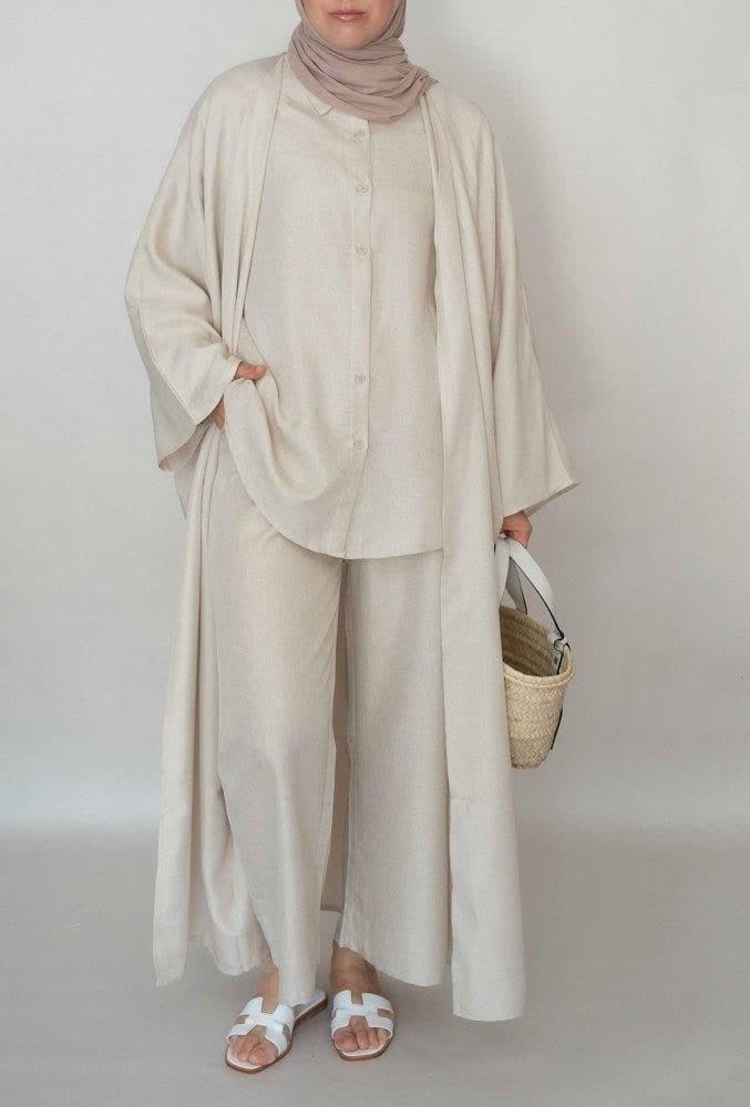 Myyia Linen Throw Over Abaya in Beige, view 5