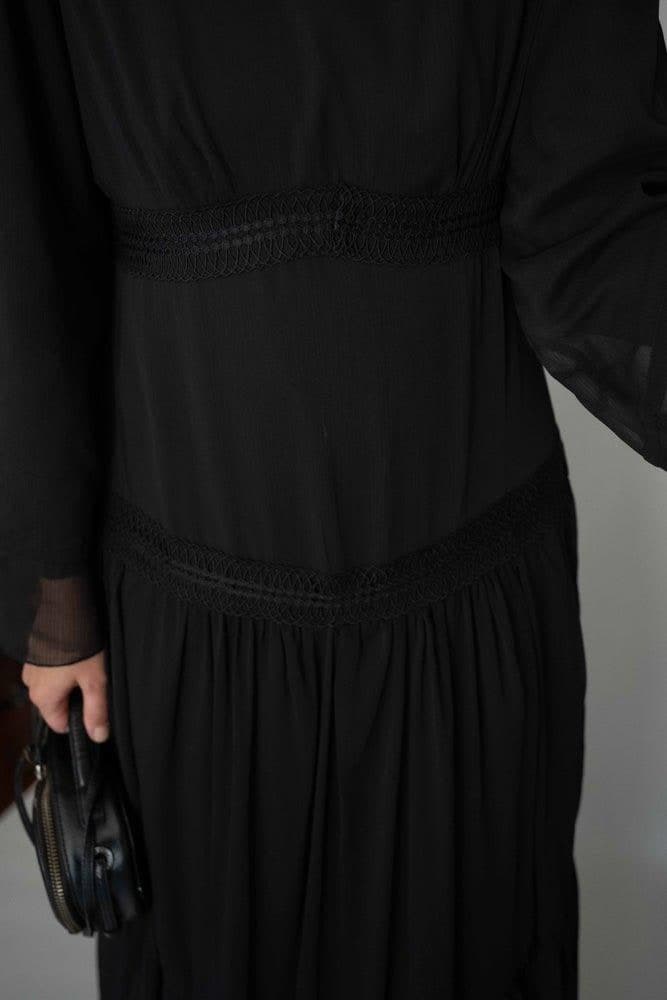 Black Vivvie Classic Chiffon Dress Lined Not Sheer with Maxi Sleeve and Lace Detail, view 3