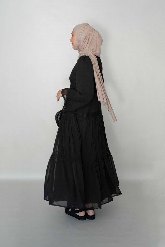 Black Vivvie Classic Chiffon Dress Lined Not Sheer with Maxi Sleeve and Lace Detail, view 4